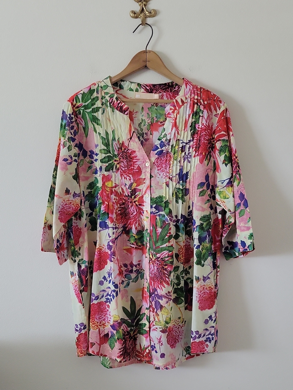 LaCera Yellow Pink Floral Pleat Front Tunic Size XL